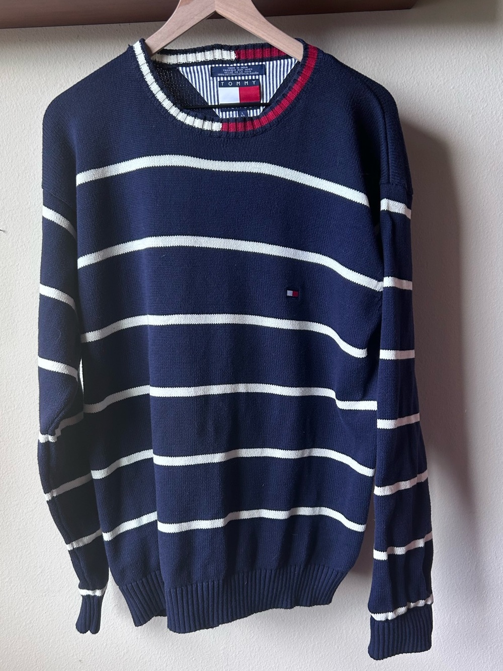 Classic Tommy Hilfiger Navy Crewneck Sweater with White Stripes and Red Trim